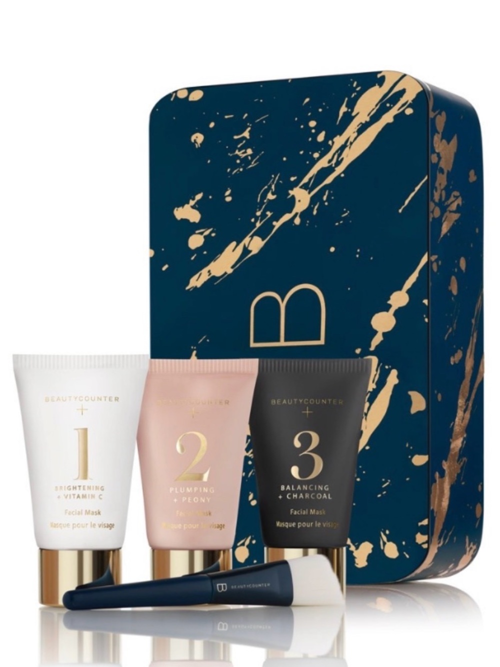 beautycounter Three-Step Facial Mask Set with Gold-Accent Navy Tin